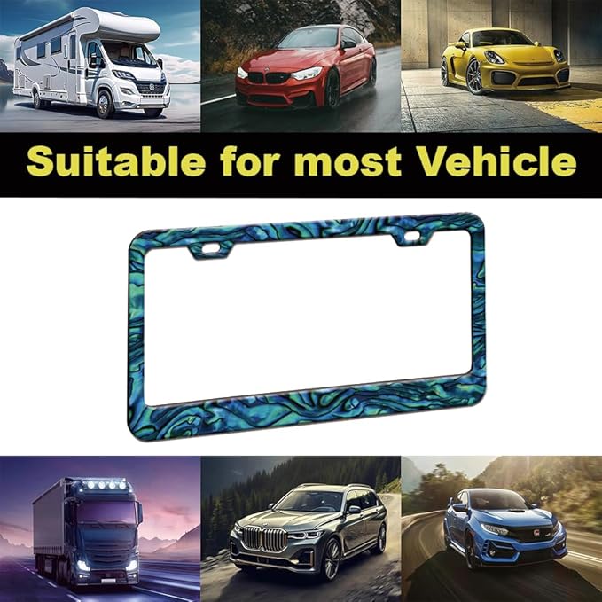 1pcs Faux Abalone License Plate Frame for Women, car Decorative tag Frames Girly, Faux Abalone License Plate Cover Holder for Vehicle with Double Sided car Keychain tag