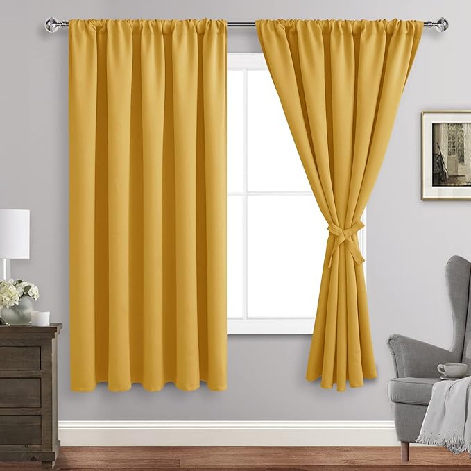 JIUZHEN Blackout Curtains for Bedroom - Thermal Insulated Room Darkening Noise Reducing, 70 x 63 Inch Length Curtains for Living Room, Set of 2 Panels with Tiebacks, Mustard Yellow