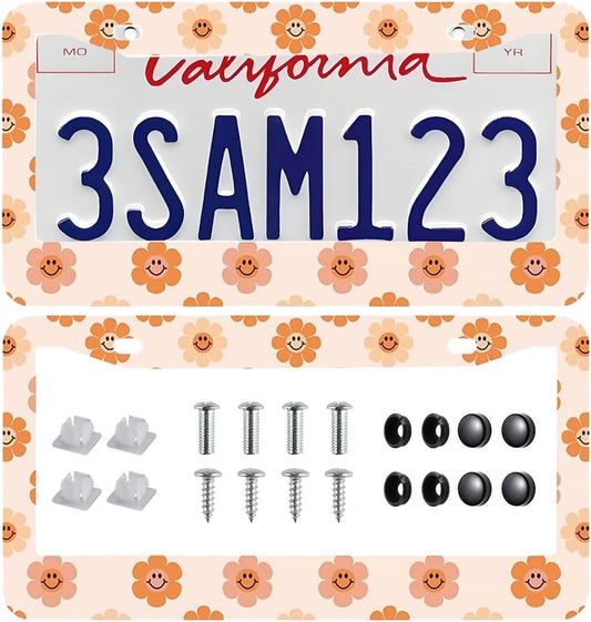 2 Pack Universal Smiley Face Flower License Plate Frame-Rustproof Aluminum Floral License Plate Frames for Women Men Fits All Vehicles, with Anti-Theft Screw Caps Included