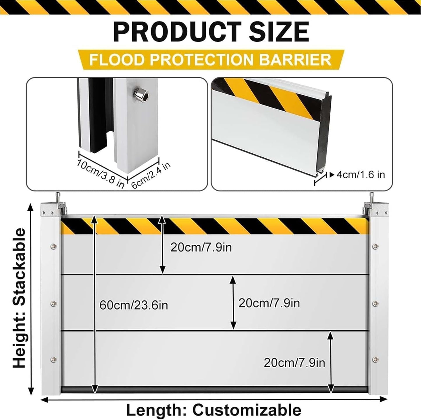 Reusable Heavy Duty Aluminum Flood Barriers for Home Exterior, Flood Protection Barriers Water Barrier Door Quick Detachable Garage Doors Detachable Mobile Rain Water Baffle (H 7.9 inch L 2FT)