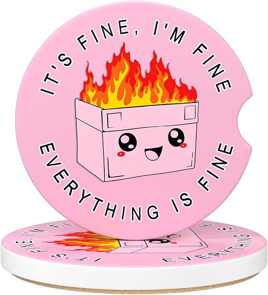 Car Cup Holder Coasters, 2 Pack Universal Auto Anti Slip Insert Coaster with A Finger Notch, Cup Mat for Most Car Interior, Pink Cute Dumpster