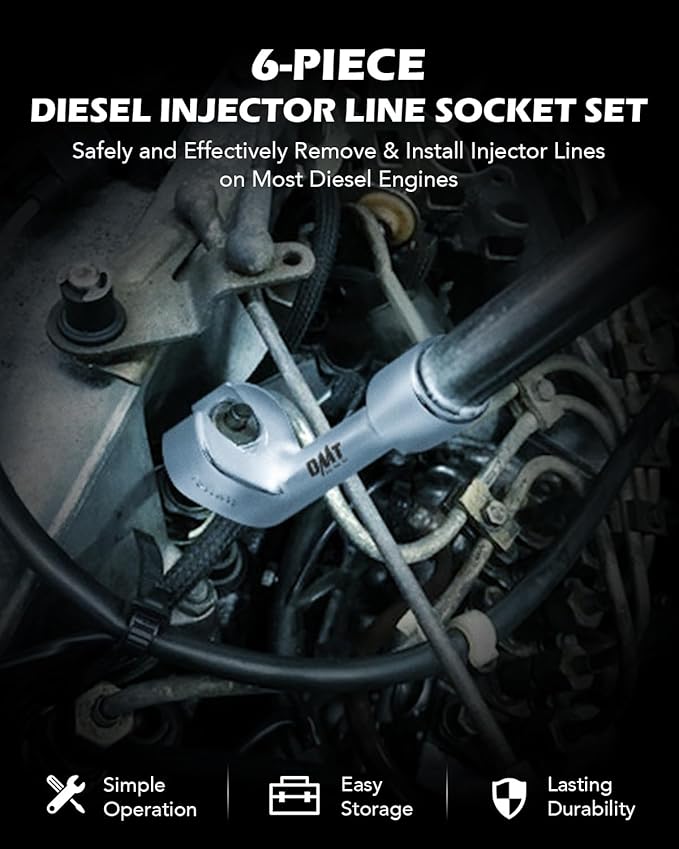 Orion Motor Tech 1/2" Dr Diesel Injector Socket Wrench Set, 6pc 12pt Diesel Fuel Socket Set with 12 14 16 17 18 19mm Wrenches, L-Type Diesel Mechanic Tool for Dismantling Fuel Line with Case