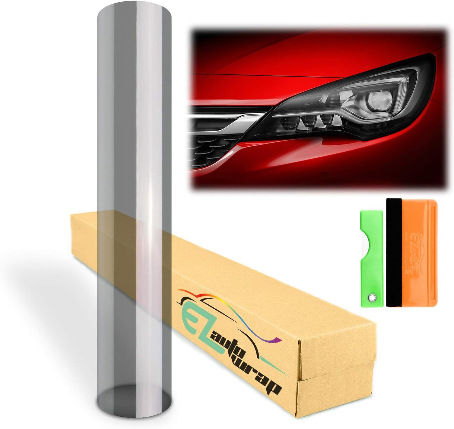 EZAUTO WRAP Free Tool Kit 12"x96" (1FT x 8FT) Glossy Light Black Smoke Headlight Taillight Fog Light Side Marker Vinyl Tint Film Self Adhesive