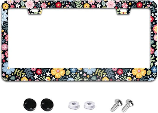 Colorful Flowers and Leaves License Plate Frame Cute Floral License Plate Frames Aluminum Car Accessories Cover with 2 Holes and Screws 12 x 6 Inch for Front Rear Car Plate Decor for Women Men