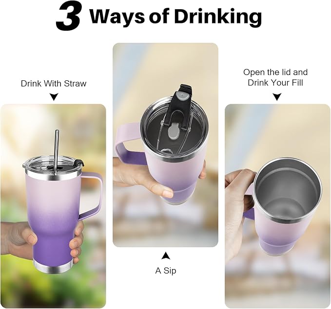 20 oz Tumbler with Handle, Stainless Steel Insulated Tumbler with Lid and Straw, Double Wall Vacuum Insulated Coffee Mug Tumbler, Insulated Coffee Thermal Cup for Cold and Hot(Light Dark Purple)