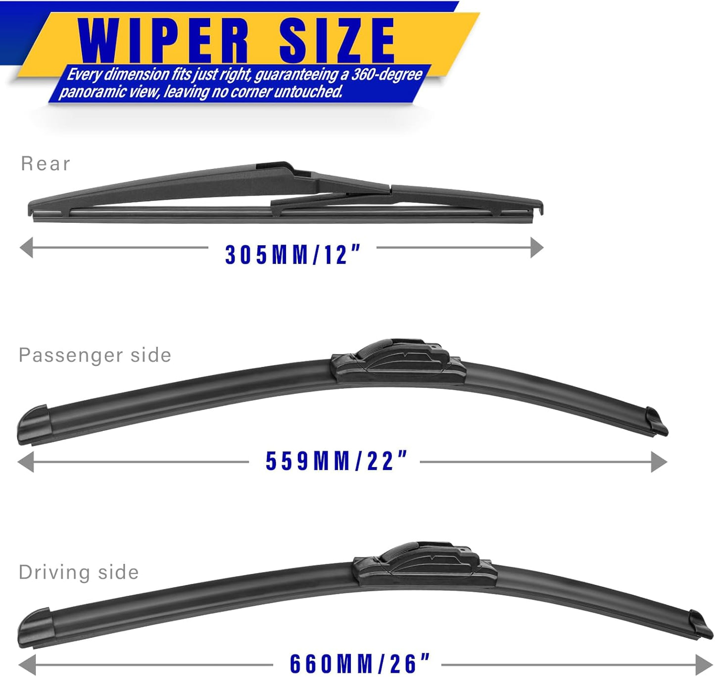 3 wipers Replacement for 2009-2016 Toyota Venza, Windshield Wiper Blades Original Equipment Replacement - 26"/22"/12" (Set of 3) U/J HOOK