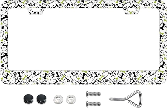 Hand Drawn Dog Pattern With Bones Hearts Paw Trace on White Background License Plate Frames Rust-Proof Stainless Steel Personalized Cover for Women and Men 12.3x6.3 Inch License Plate Holder -DATANSEN