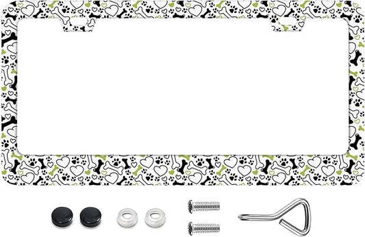 Hand Drawn Dog Pattern With Bones Hearts Paw Trace on White Background License Plate Frames Rust-Proof Stainless Steel Personalized Cover for Women and Men 12.3x6.3 Inch License Plate Holder -DATANSEN