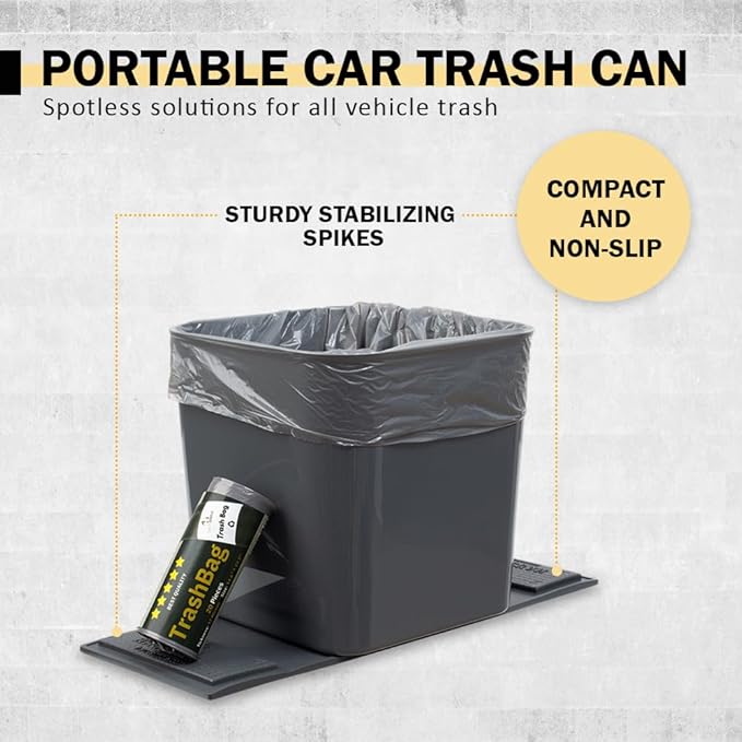Car Trash Can ??Leakproof 1.4 Gallon Compact Garbage Bin with Stability Flap & Anti-Slip Base | Portable Trash Holder for Cars, Trucks, SUVs, Minivans ??Includes Trash Bags (Grey, Large)