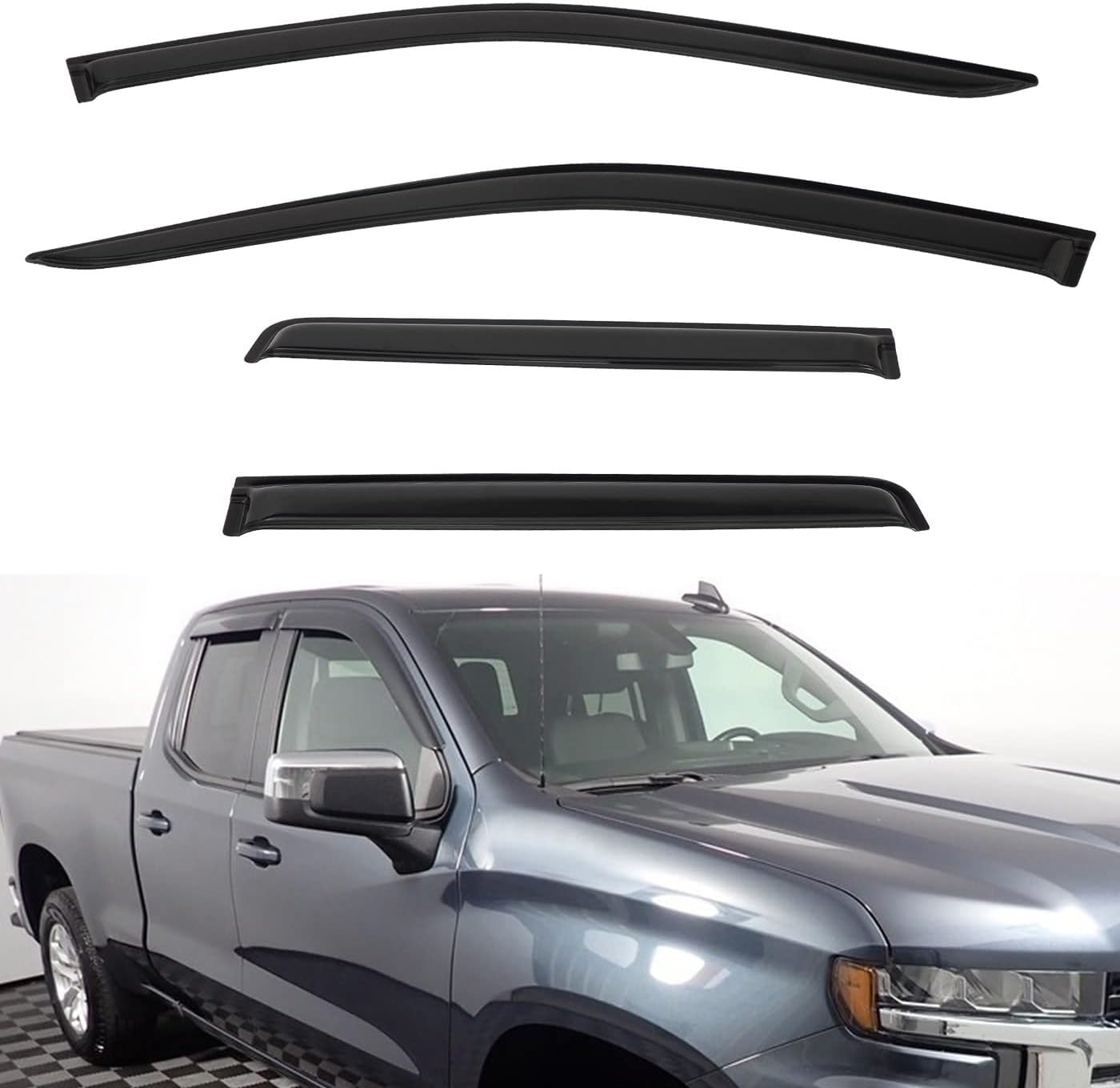 4pcs Front+Rear Smoke Tint Sun/Rain Guard Outside Mount Tape-On Vent Window Visors Compatible with 19-22 Silverado/Sierra 1500 Double/Extended Cab with Small Size Rear Doors