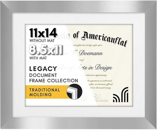 Americanflat 11x14 Diploma Frame with Shatter-Resistant Glass - Use as 8.5x11 Frame with Mat or Display 11x14 Documents Without Mat - Legacy Collection - Certificate Frames for Wall Display - Silver