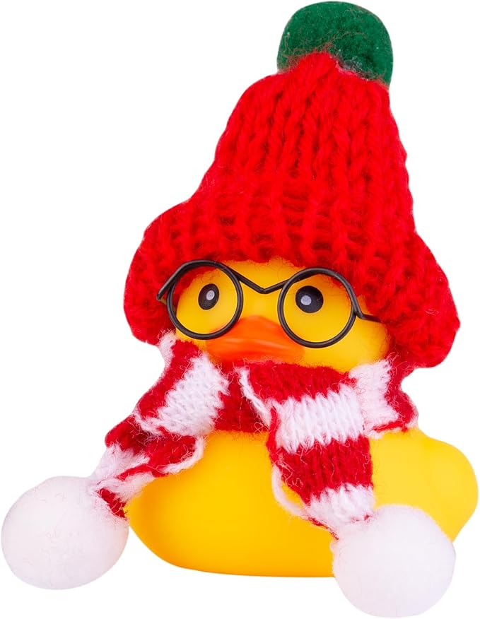 Christmas Rubber Ducks Toys Car Ornaments Yellow Duck Car Dashboard Decorations with Mini Beanie Hat Scarf and Sunglasses for Winner Home Christmas Decor, 2 Inches(E2)