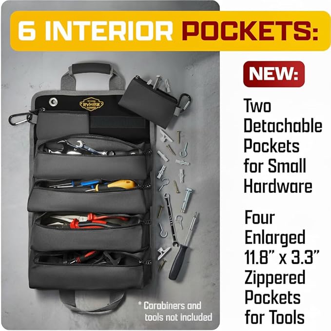 The Ryker Roll Up Tool Bag Organizer Gifts for Dad. Heavy Duty Motorcycle Tool Roll Bag Organizer. Portable Rollup Toolbag w/Detachable Pouches - Tools Bags Mens gifts for him/Mechanic (Black)