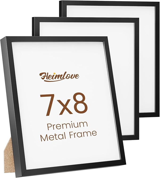 Heimlove 7x8 Metal Picture Frame,Black Aluminum Photo Frames-Real Tempered Glass,Tabletop Display,Mounting Horizontally or Vertically Decor for Wall-3 Pack