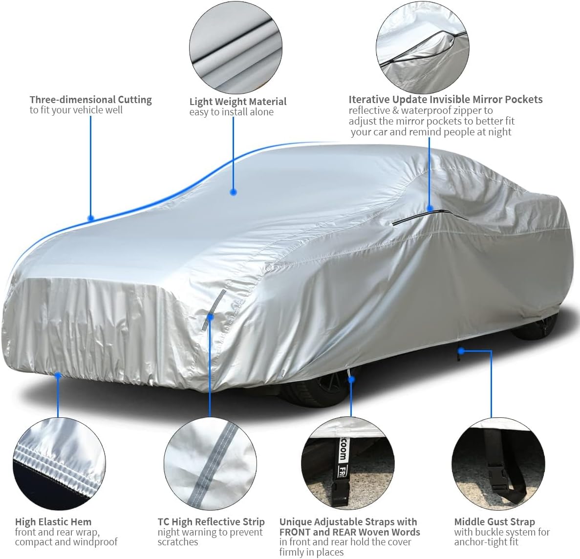 Tecoom Car Cover Waterproof All Weather,Outdoor Full Exterior Covers Without Door Zipper & Mirror Pockets Windproof Sun Uv Rain Hail Protector Car Cover Fit Coupe/Sport Car (173-182 Inches)