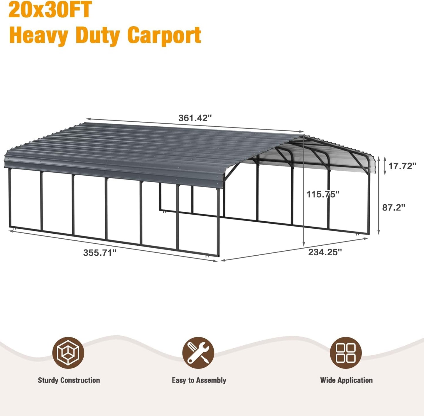 EBE 20'x30' Metal Carport, Heavy Duty Carports Canopy with Galvanized Steel Roof, Outdoor Carport Metal Garage Shelter Shade 2 Cars, Truck, Boat, SUV