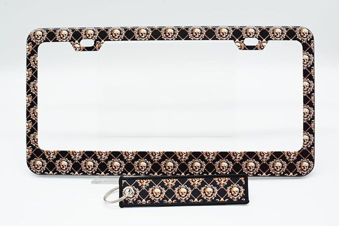 1pcs Brown Skulls License Plate Frame for Women, Skull Skeleton car Decorative tag Frames Girly,Halloween License Plate Cover Holder for Vehicle with Double Sided car Keychain tag