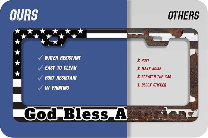 1PCS Black God Bless America License Plate Frame Holder - USA Stars and Stripes Auto Universal Aluminum Matte Car Tag Holder Covers with Sticker & Screws for Men