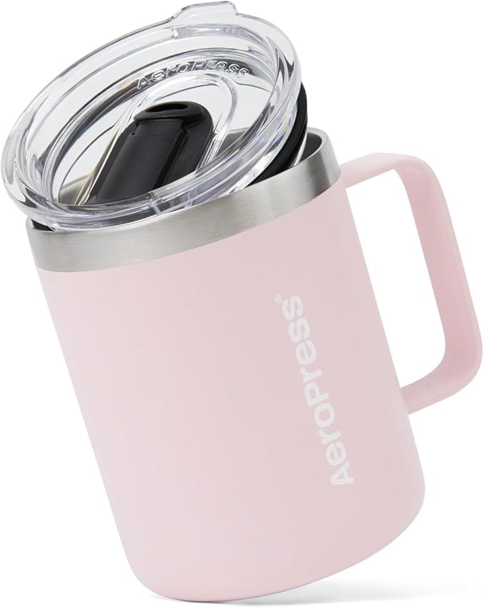 AeroPress Travel Coffee Mug with Handle, Double-Wall Vacuum Insulated Stainless Steel with Splash-Resistant Slider Lid, Compatible for Hot or Cold Drinks, Dishwasher Safe, 12 oz, Pink