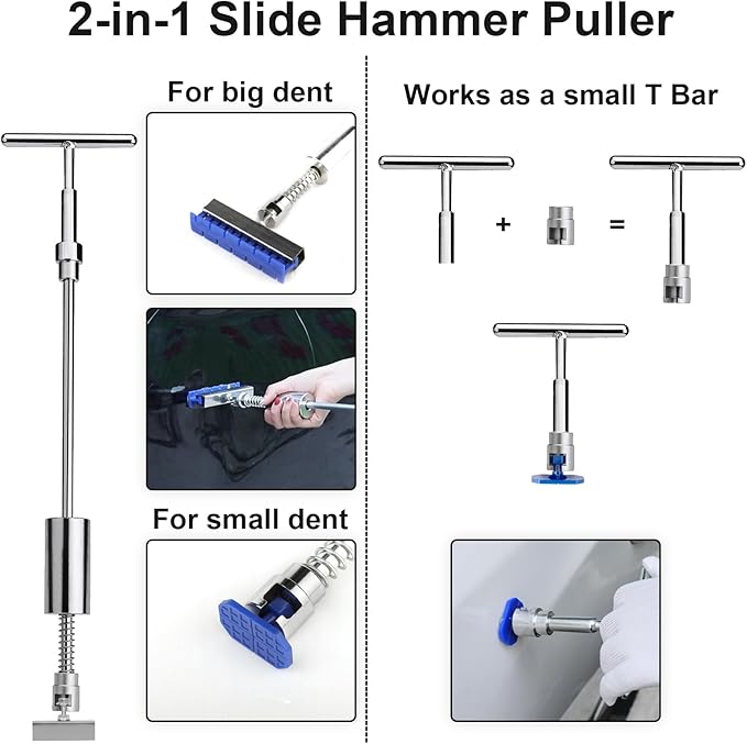 Dent Puller Hail Remover Kits,129pc Professional Car Paintless Dent Removal Tools,Slide Hammer 2 in 1 T-Bar, Adjustable Dent Lifter,Bridge Puller for Auto Body SUV Dings Damage DIY Removal