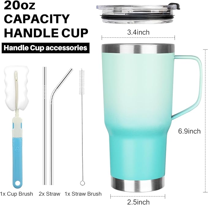 20 oz Tumbler with Handle, Stainless Steel Insulated Tumbler with Lid and Straw, Double Wall Vacuum Insulated Coffee Mug Tumbler, Insulated Coffee Thermal Cup for Cold and Hot(Mint Light Green)