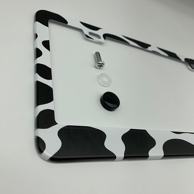 Black and White Cow Print License Plate Frame Cover, Matte White Powder Coated Stainless Steel, Animal Print Auto Car Tag Frame with 2 Holes & Free Screws