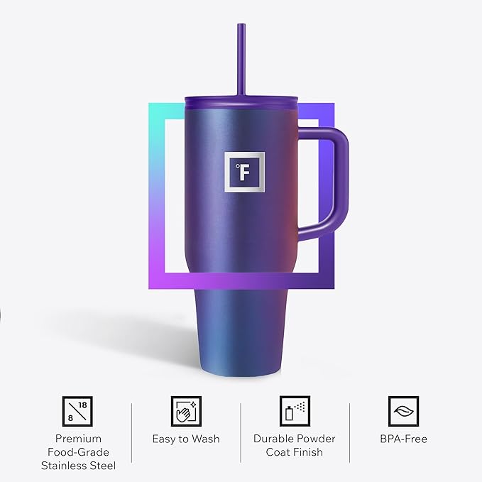IRON °FLASK Co-Pilot Insulated Mug w/Straw & Flip Cap Lids - Cup Holder Bottle for Hot, Cold Drink - Leak-Proof - Water, Coffee Portable Travel Mug - Cobalt Blue, 32 Oz