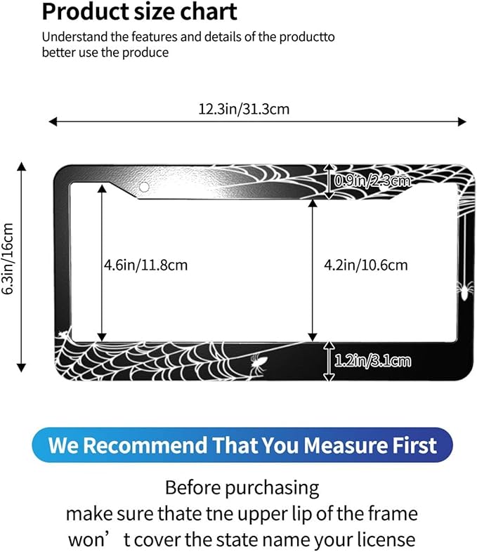 Spider Web License Plate Frame Spider Web License Plate Cover Front Plates Frames Car Tag Holder Car Accessories Car Tag with 2 Holes Screws 2 PCS Set Decorative US Vehicles Standard for Men Women