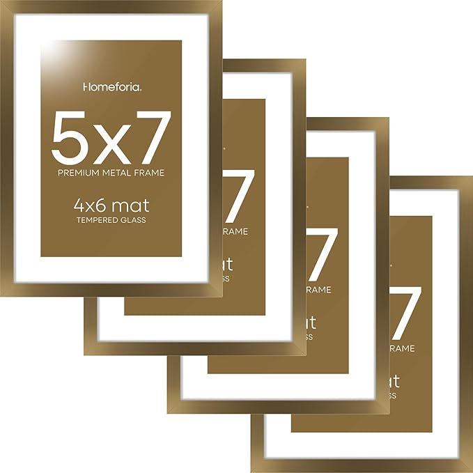 Homeforia 5x7 Picture Frame Bronze, High End Metal 5 x 7 Brass Frames with Mat 4 x 6 for Art, 5x7 Desk Frame Matted to 4x6 inch Photo, 5 by 7 Wall or Tabletop Frame, Tempered Glass, Wall Kit, Set of 4