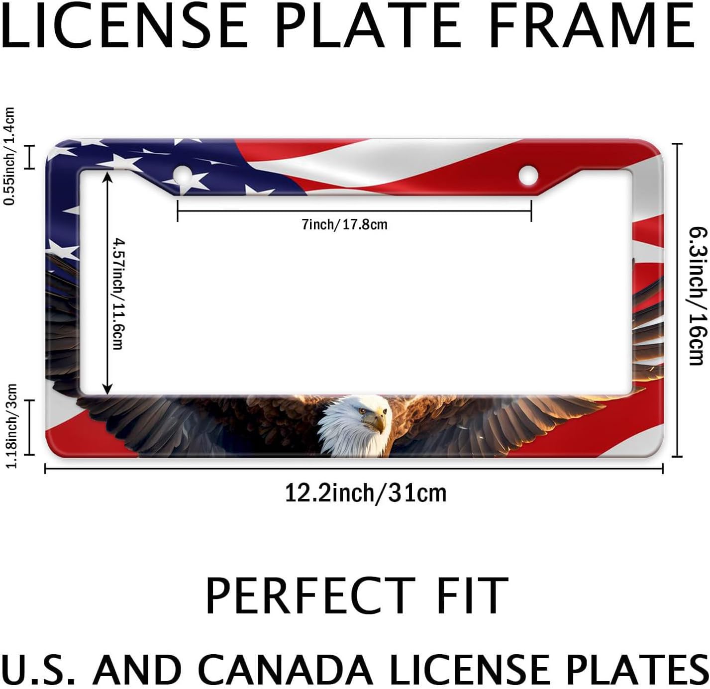 Eagle American Flag License Plate Frame, US Flag Car Tag Frame Holder Covers, Metal Aluminum Rustproof Car Accessories for Men Women 2 Holes with Screws