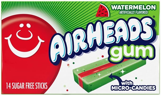 Airheads Candy, Chewing Gum, Watermelon Flavor, Sugar Free, Xylitol, 14 Sticks per Pack, Box of 12 Packs