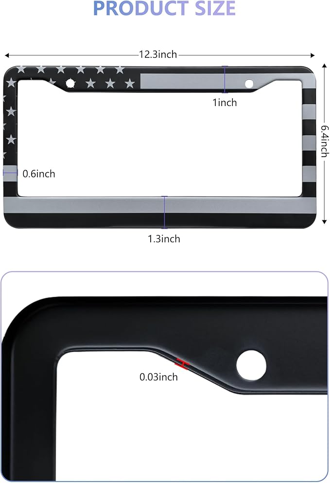 BGGTMO American Flag License Plate Frames- Black Stainless Steel Car Tag Holder Printed with USA Flag Pattern, 2 Hole 2 Pack with Screws Caps Decals for Front Rear