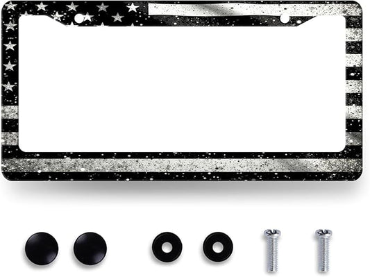 Black Grey American Flag License Plate Frame Retro Flag License Plate Stainless Steel Patriotic Accessory Cars Decor for Men Women 12.2 X 6.2 Inch with Holes Screws Fits Standard Us Ca Vehicles