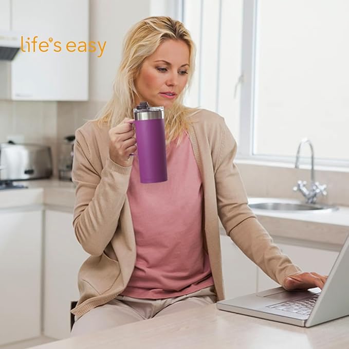 Life's Easy 20oz Stainless Steel Mug w/Handle - Double Wall Insulated Travel Tumbler w/Flip Lid - Leak Proof Tumbler-Thermal Cup for Coffee, Tea & More - Keep Hot & Cold Drinks (Purple, 20 oz)