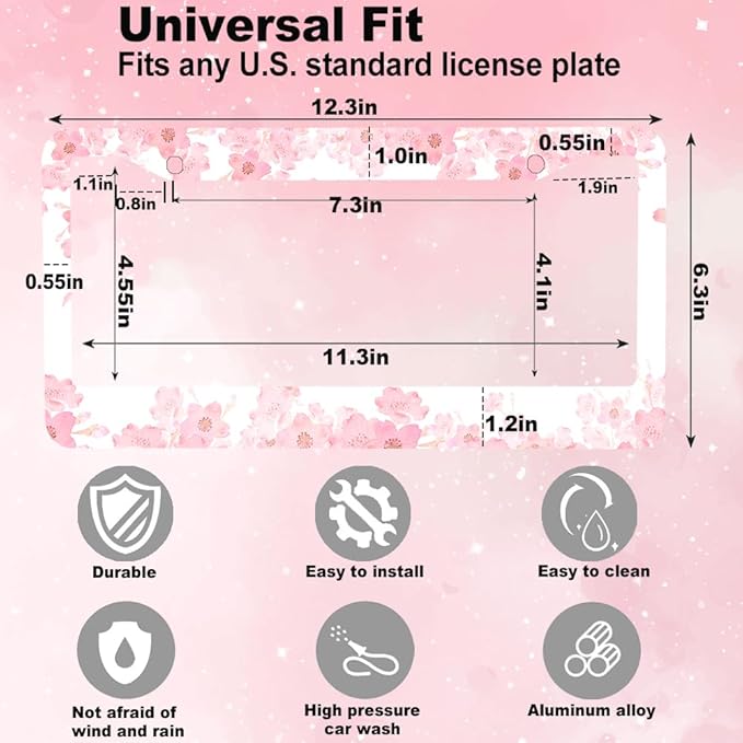 2pcs Pink Cherry Blossom Floral License Plate Frame for Women,Pink Sakura car Decorative tag Frames Girly,Japanese Cherry Blossom Flower License Plate Cover Holder for Vehicle with car Keychain tag