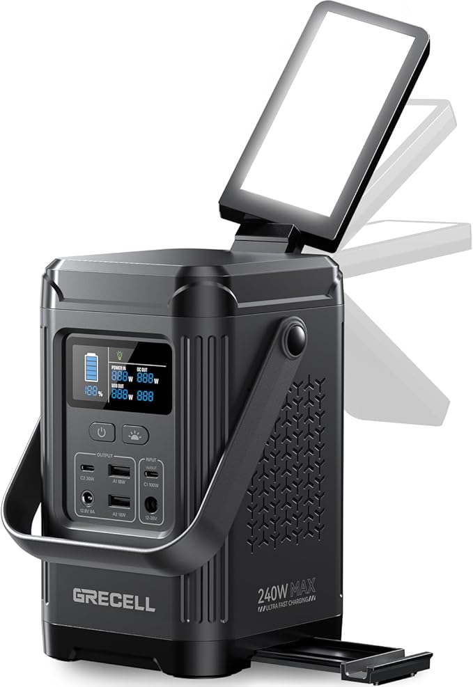 240W Portable Power Station 153.6WH Solar Generator, GRECELL LiFePO4 Battery Dual Way 100W PD, Portable Power Bank with Integrated Stand for Outdoors, Camping, Travel (No Wall Charger Included)