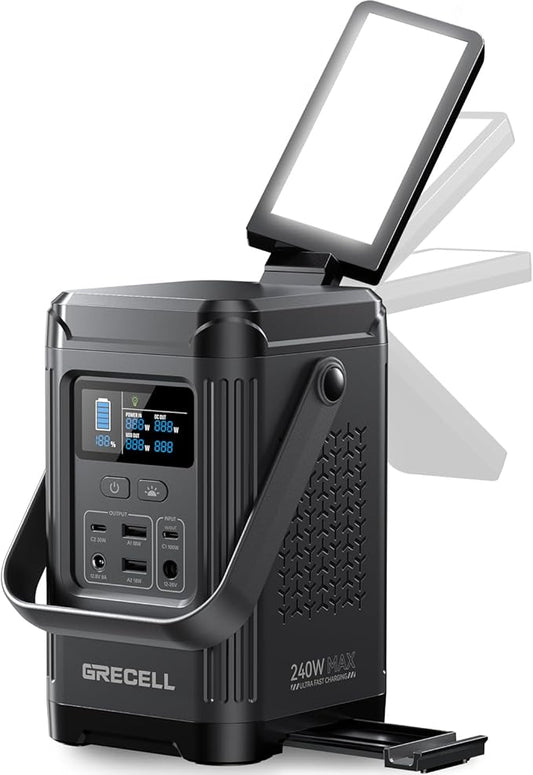 240W Portable Power Station 153.6WH Solar Generator, GRECELL LiFePO4 Battery Dual Way 100W PD, Portable Power Bank with Integrated Stand for Outdoors, Camping, Travel (No Wall Charger Included)