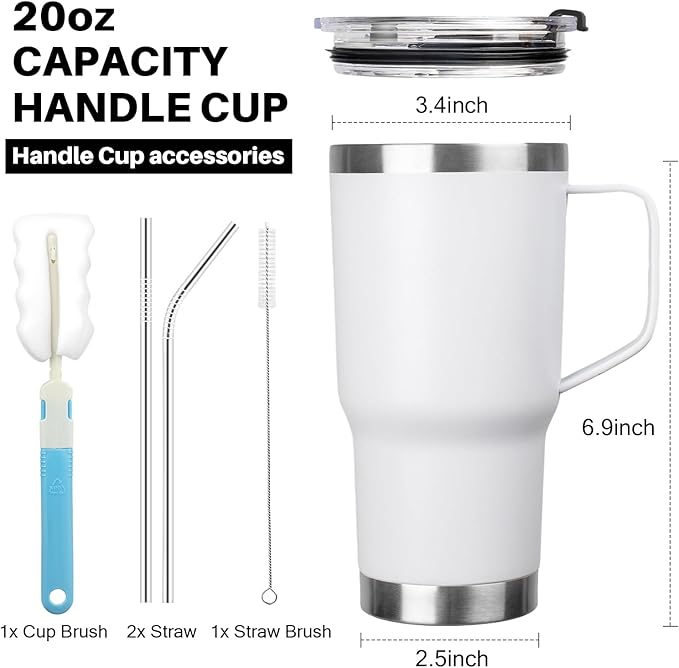 20 oz Tumbler with Handle, Stainless Steel Insulated Tumbler with Lid and Straw, Double Wall Vacuum Insulated Coffee Mug Tumbler, Insulated Coffee Thermal Cup for Cold and Hot (White)