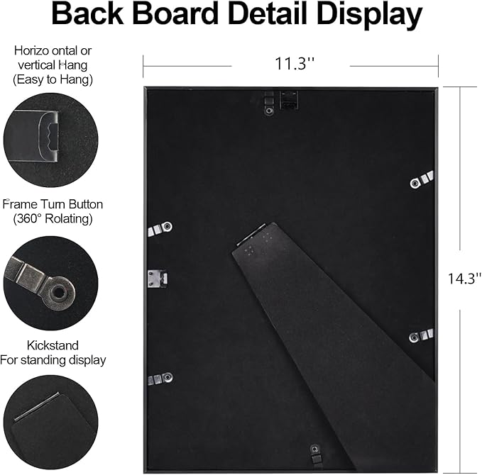 11x14 Picture Frame, Black Metal Photo Frames with HD Glass, Fits 8x10 with Mat or 11 x 14 without Mat, Display for Wall and Table, 1 Pack
