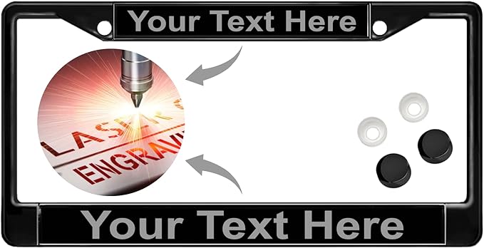 Custom Personalized Black Powder-Coated Metal Laser Engraved Standard Size - Car/Automobile License Plate Frame with Free caps - Black/Gray Text (Qty: 1 Frame)