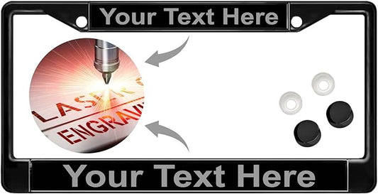 Custom Personalized Black Powder-Coated Metal Laser Engraved Standard Size - Car/Automobile License Plate Frame with Free caps - Black/Gray Text (Qty: 1 Frame)
