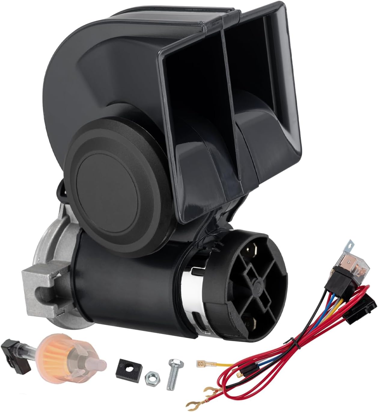 Air Horn for Truck,Super High Pitched Train Horn for Car, Waterproof Snail Horn for Motorcycles, Cars, trucks, trains and ships(black horn with wire, 12v)