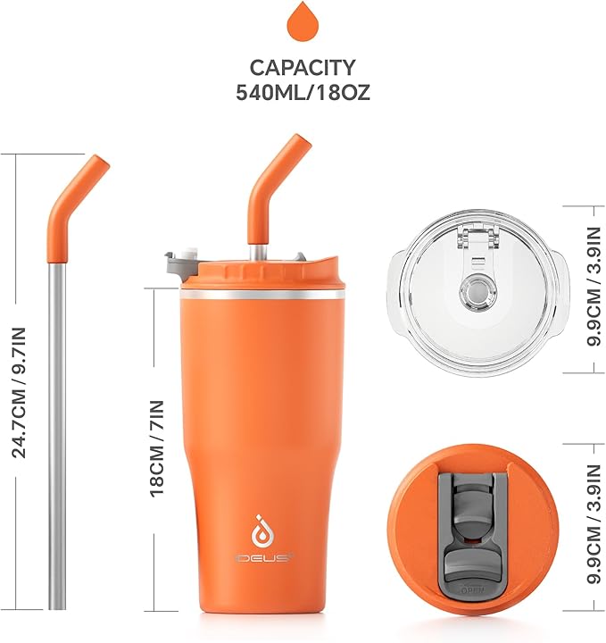Ideus Insulated Tumbler with Lid and Straw 18 oz, Stainless Steel Double-Wall Vacuum Leak-Proof Travel Coffee Mug, Cup Holder Friendly, Orange Tiger