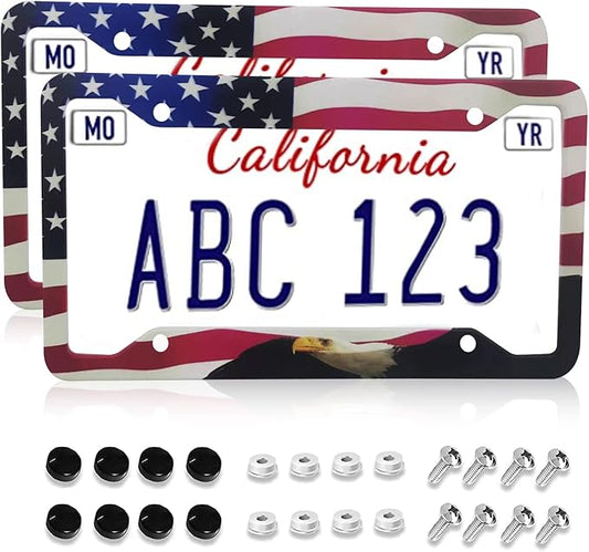 American Flag Eagle License Plate Frames Covers Holders US American Waving Flag Eagle Car Tags Frames Holders Stainless Aluminum 2 Pack 4 Holes Decorative 2 Pcs Set for Men Vehicle