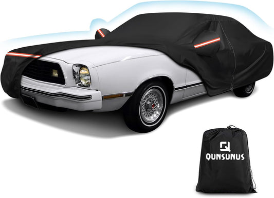 QUNSUNUS Waterproof Car Cover for Ford Mustang 1974-1978, Outdoor Car Covers with Zipper, All Weather Full Exterior Cover with Straps and Elastic Edges for Wind, Sun, UV and Dust Protection