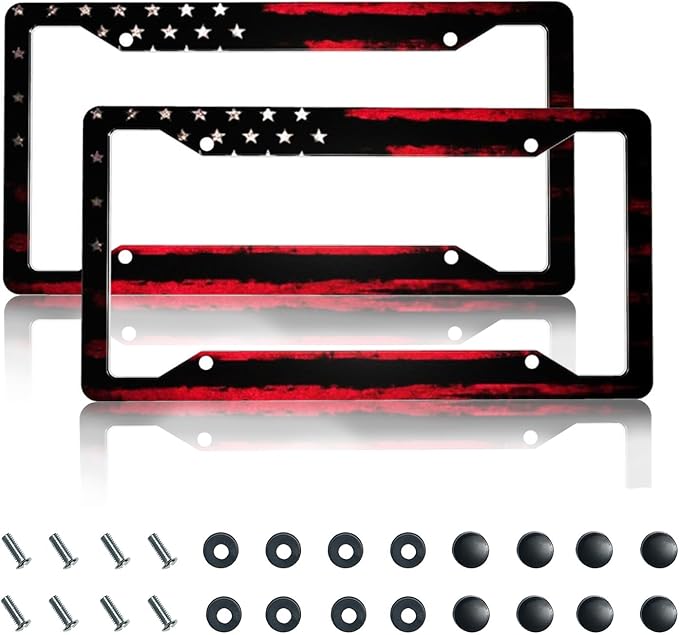 License Plate Frame 2 Pack Front Rear Aluminum Metal Rust-Proof Universal Car Tag Frames Holder with 4 Holes Car Decor Accessory with Screws for Men Women - Black Red American Flag
