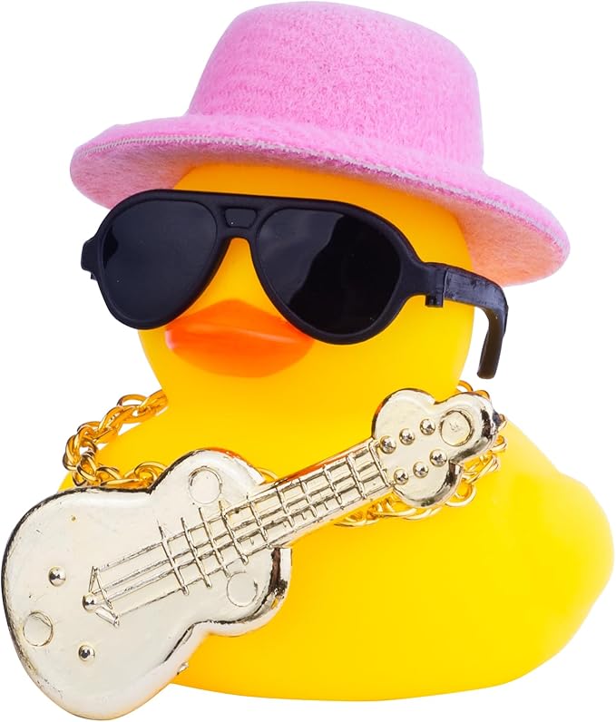 Car Rubber Duck Ornaments Yellow Duck Car Dashboard Decorations with Mini Top Hat Guitar Sunglasses Necklace(G3)