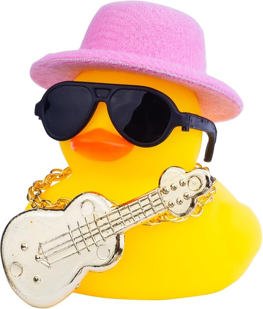 Car Rubber Duck Ornaments Yellow Duck Car Dashboard Decorations with Mini Top Hat Guitar Sunglasses Necklace(G3)