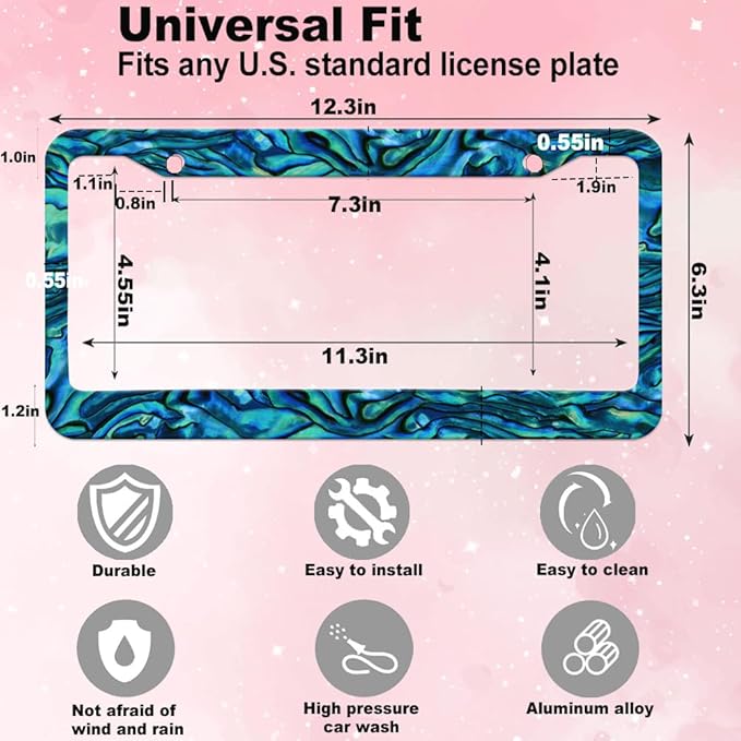 2pcs Faux Abalone License Plate Frame for Women, car Decorative tag Frames Girly, Faux Abalone License Plate Cover Holder for Vehicle with Double Sided car Keychain tag
