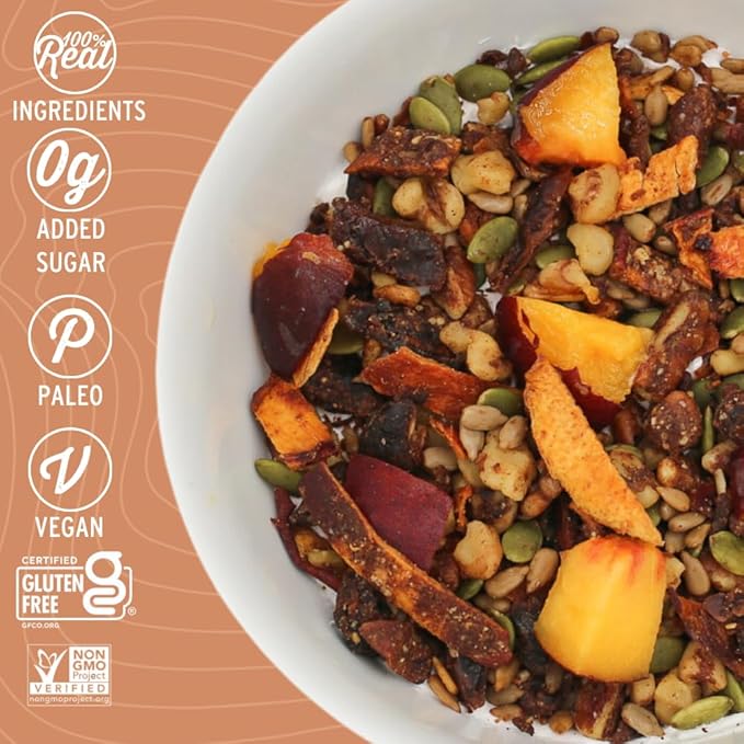 Wildway Keto Granola | Peach Pecan | Grain-Free, Certified Gluten-Free Cereal | Vegan, Low Carb | No Sugar Added | Paleo-Friendly | Non-GMO Fruit & Nut Clusters | Nutrient-Rich Snack | 8 oz, 6 Pack